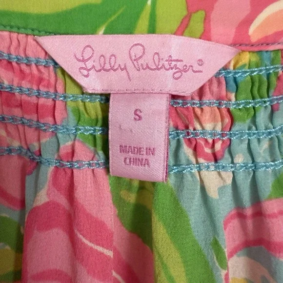 Lilly Pulitzer Silk Blouse S Floral Safari Pink Green Print Peasant Top FLAW - Picture 5 of 12